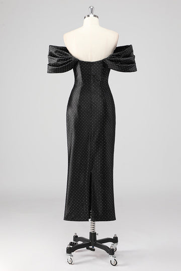 Black Sheath Off The Shoulder Formal Dress with Beadings